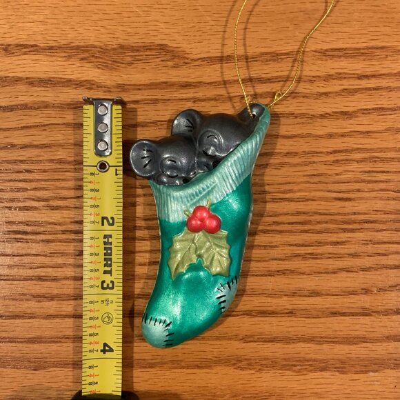 VINTAGE HANDMADE CERAMIC CHRISTMAS ORNAMENT, MOUSE IN A STOCKING - Picture 3 of 4
